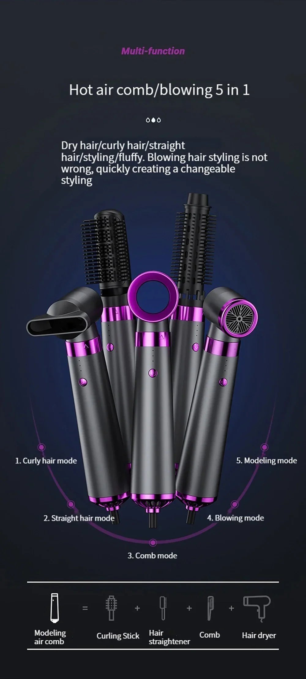 Multifunction Hair Dryer 5 in 1 Hot Air Comb